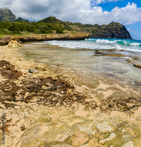 Coral Reef on Ha'ula Beach With The Haupu Mountain Range in The Distance, Mahaulepu Heritage Trail, Poipu, Kauai, Hawaii, USA photo