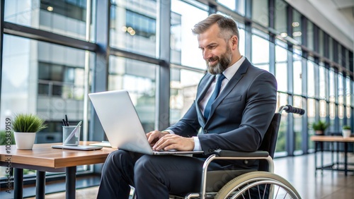 Businessman sitting on wheelchair and using computer