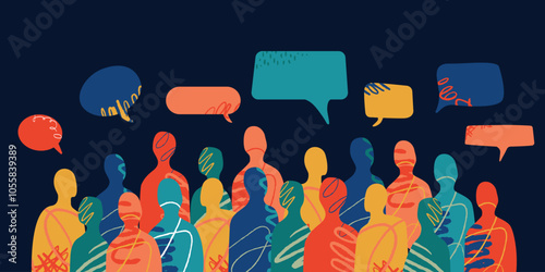 A crowd of abstract multicolored silhouettes of people and conversational bubbles above them, made in the style of a collage. A metaphor for society and cooperation.