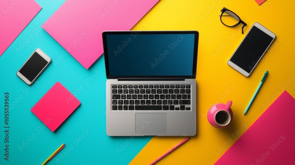A modern workspace setup featuring a laptop, smartphones, and a vibrant, colorful background design A modern workspace setup featuring a laptop, smartphones, and a vibrant, colorful background design