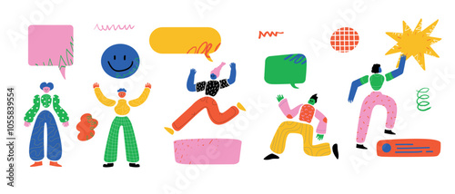 A group of joyful and interacting characters with bright speech bubbles next to them.