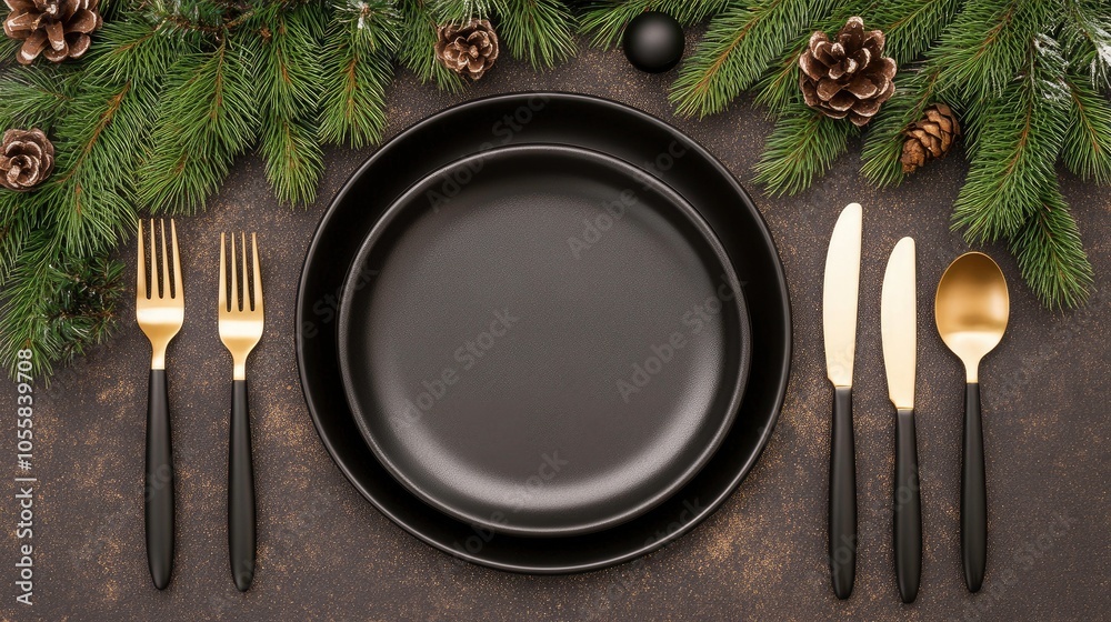 This elegant table features black plates and gold cutlery amidst dark green pine branches and candles, creating a warm, festive atmosphere for Christmas celebrations This elegant table features black plates and gold cutlery amidst dark green pine branches and candles, creating a warm, festive atmosphere for Christmas celebrations