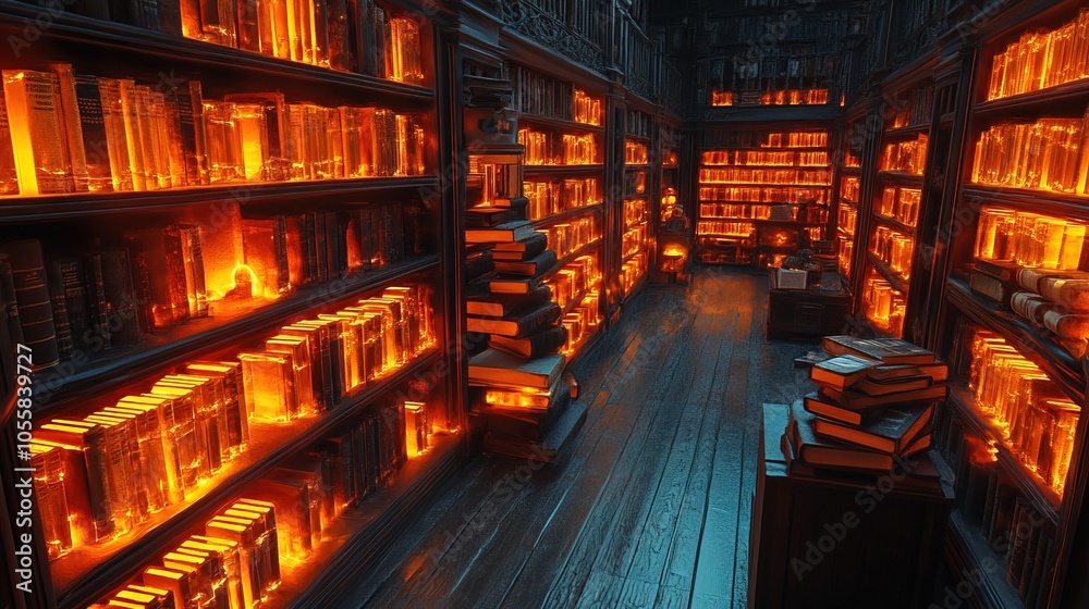 Virtual 3D bookshelf, where each book glows Virtual 3D bookshelf, where each book glows
