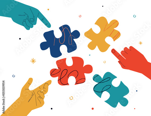 Hands pointing and moving puzzle pieces. The metaphor of partnership, problem solving, brainstorm.