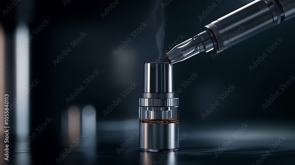 A close-up of an e-liquid refill being added to an electronic cigarette device on a smooth surface A close-up of an e-liquid refill being added to an electronic cigarette device on a smooth surface