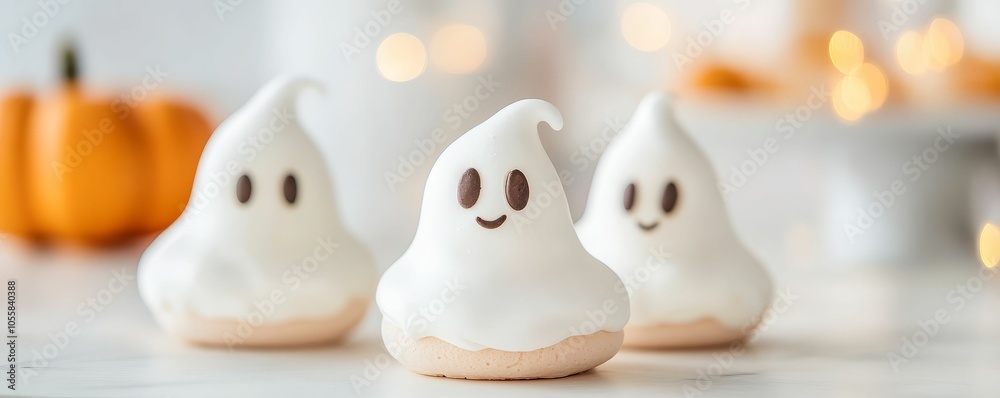 Ghost-shaped meringues with eerie expressions, placed on a Halloween dessert table Ghost-shaped meringues with eerie expressions, placed on a Halloween dessert table