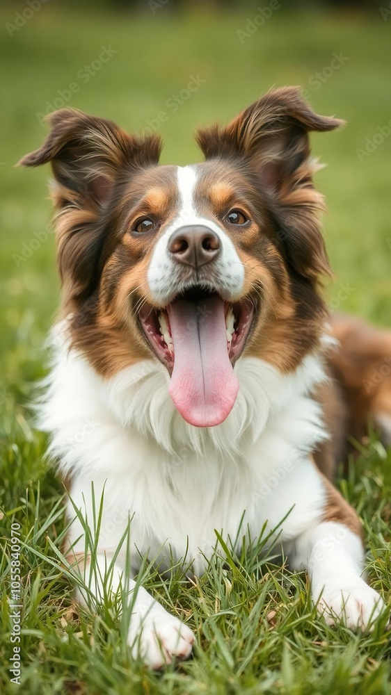 Happy brown and white border collie dog lying in green grass, tongue out, playful expression, blurry background, background, white, brown Happy brown and white border collie dog lying in green grass, tongue out, playful expression, blurry background, background, white, brown