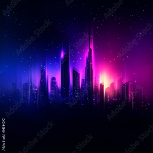 Futuristic city skyline with colorful neon lights on a dark background.