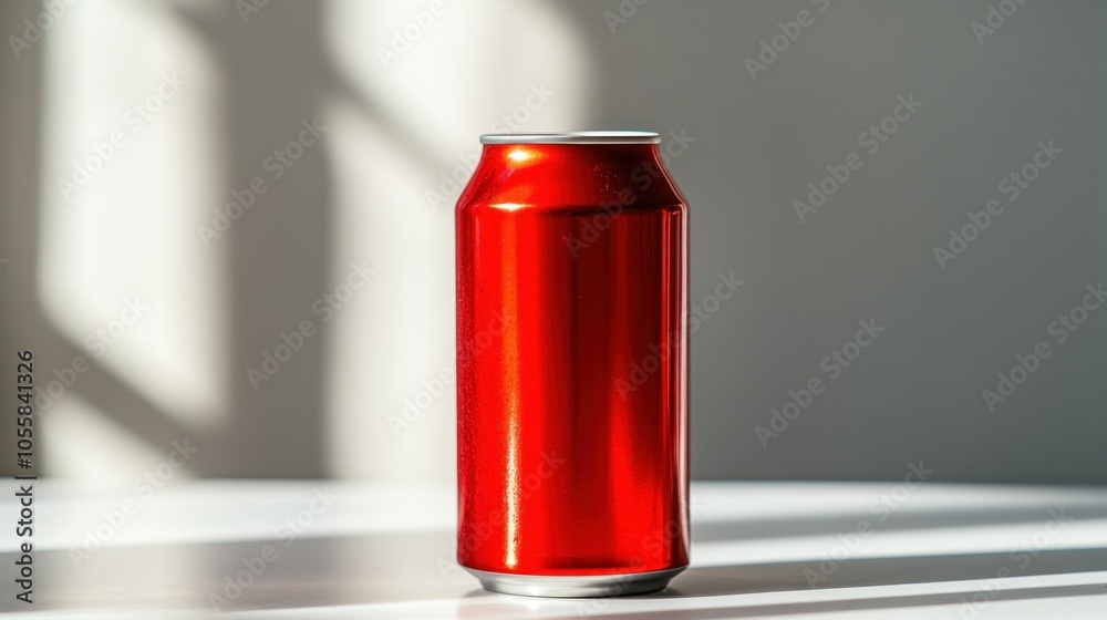 Red Aluminum Can on White Surface with Light and Shadow Red Aluminum Can on White Surface with Light and Shadow