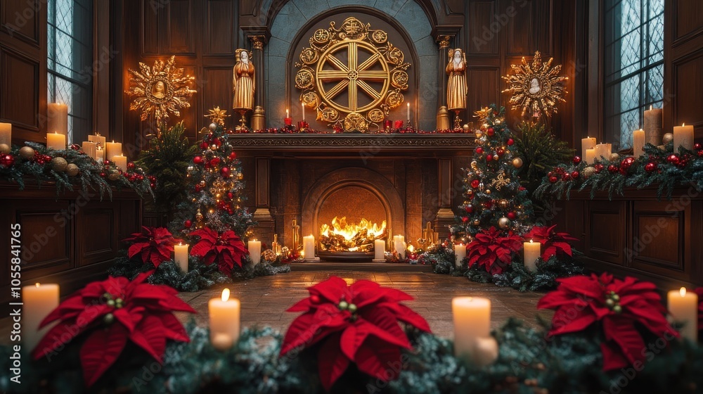 Obraz premium Cozy holiday scene with a fireplace, candles, and festive decorations.