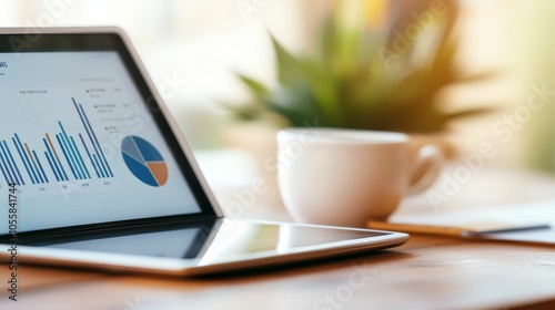 A digital tablet displaying global supply data, with bar graphs and pie charts showing economic flow