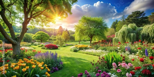 Lush green garden with vibrant flowers and trees in a sunny meadow, nature, gardening, garden