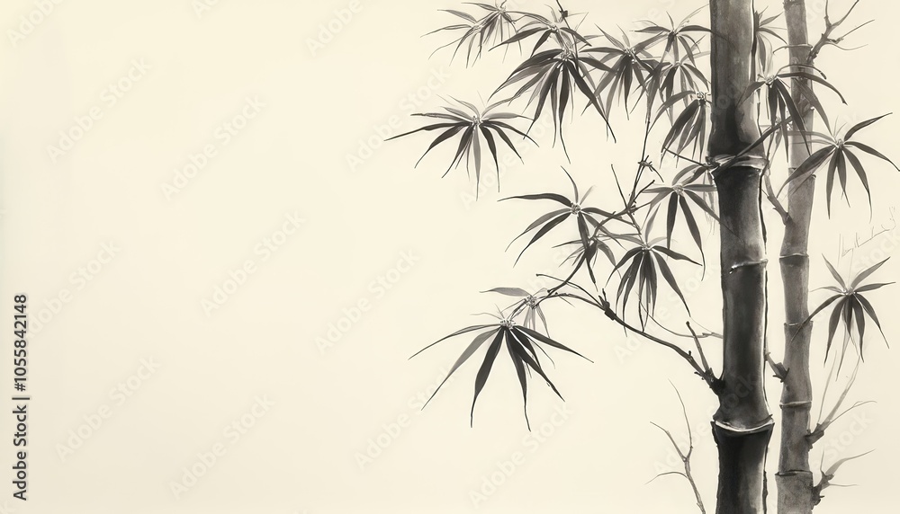 Obraz premium This ultrafine detailed painting features a bamboo tree with lush leaves, embodies simplicity and elegance, perfect for contemporary art collections and serene interior spaces