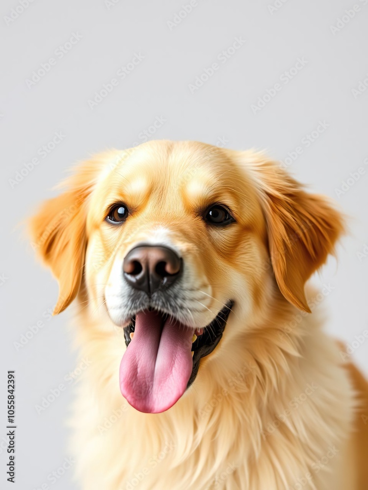 Portrait of a fluffy golden retriever staring curiously into the camera with its tongue out, purebred, looking, cute Portrait of a fluffy golden retriever staring curiously into the camera with its tongue out, purebred, looking, cute