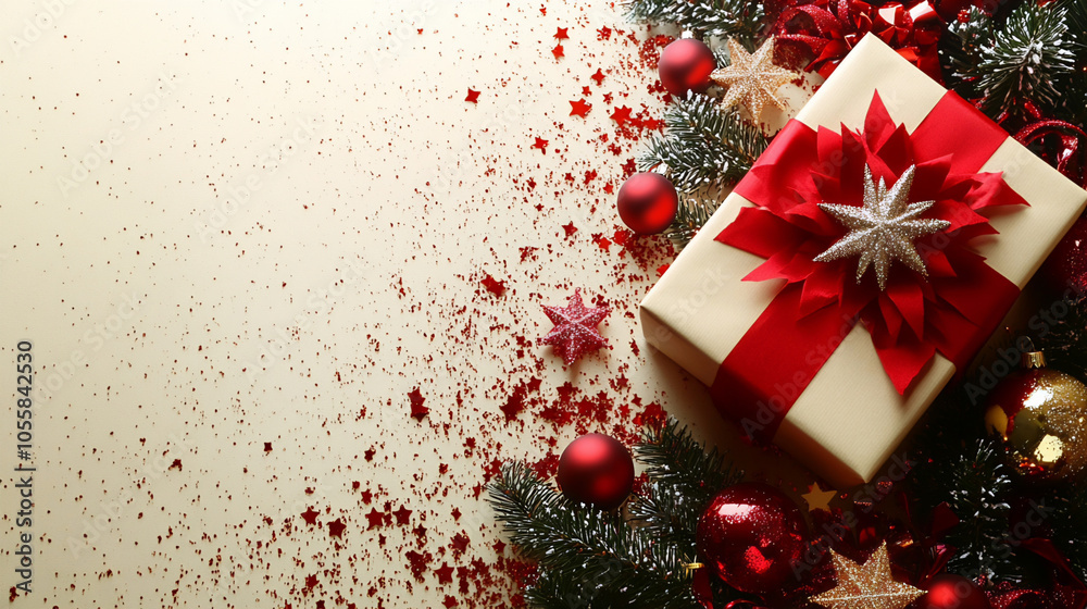  festive Christmas gift with red ribbon and ornaments
