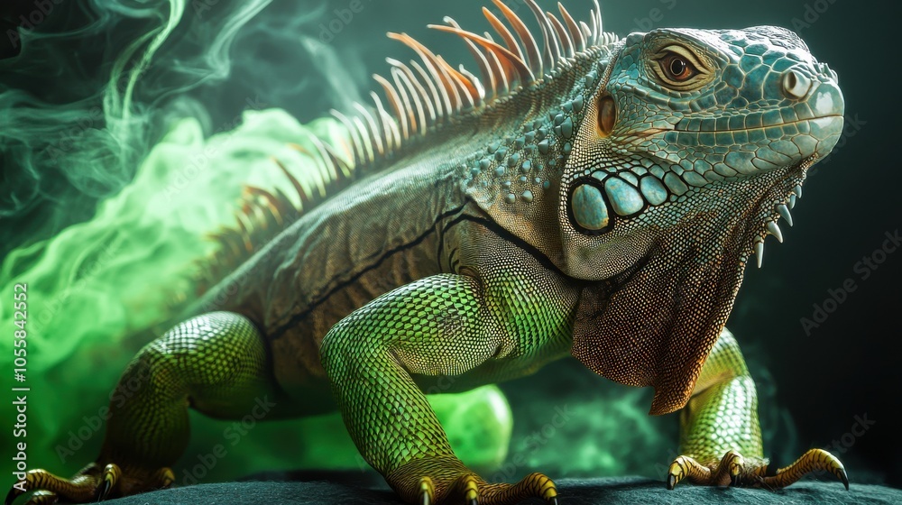 Fototapeta premium Closeup of a Vibrant Green Iguana with Artistic Smoke