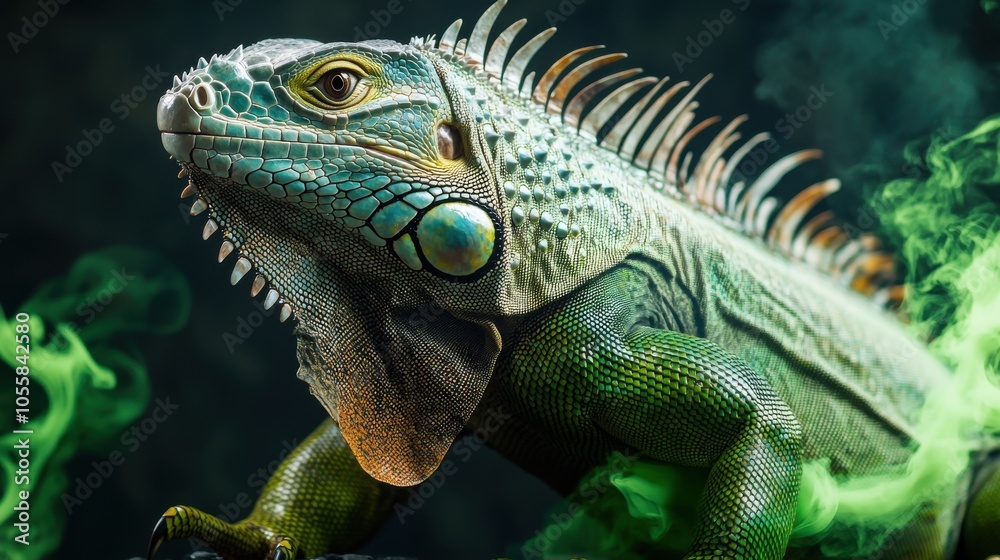 Fototapeta premium Closeup of Vibrant Green Iguana with Unique Features