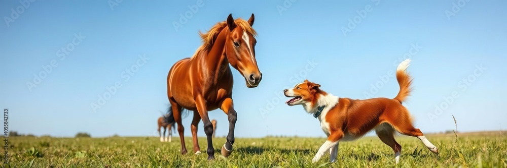 Red Border Collie dog playing with a horse in a lush green field under a clear blue sky, nature, summer Red Border Collie dog playing with a horse in a lush green field under a clear blue sky, nature, summer