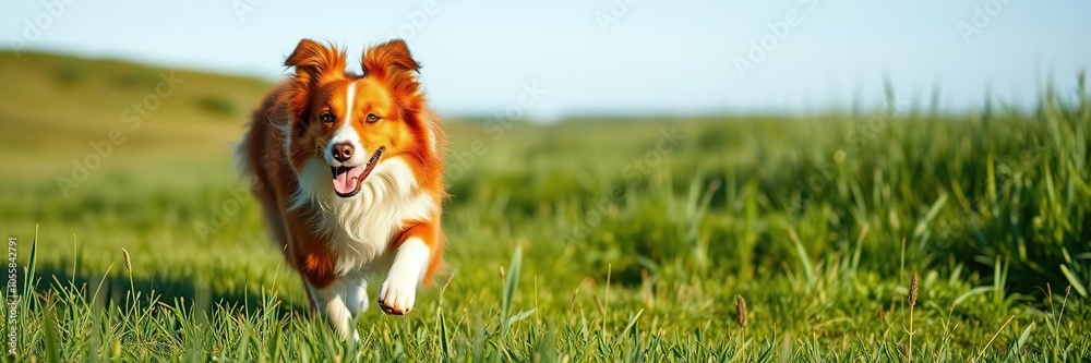 Red border collie dog with fluffy fur running energetically in lush green meadow under clear blue sky, blue sky, fluffy fur, agility Red border collie dog with fluffy fur running energetically in lush green meadow under clear blue sky, blue sky, fluffy fur, agility