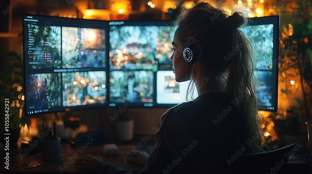 A young woman sits at a computer desk, focusing intently on multiple screens in a dark room with warm lighting. She is wearing a headset and appears to be working on a project or playing a game. A young woman sits at a computer desk, focusing intently on multiple screens in a dark room with warm lighting. She is wearing a headset and appears to be working on a project or playing a game.