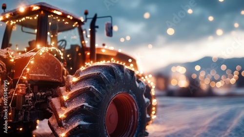 Obraz na płótnie Farmer decorating a tractor with Christmas lights in a snowy field, festive atmosphere in the countryside w salonie