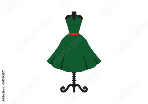 Green elegant dress for women vector flat design isolated on white background