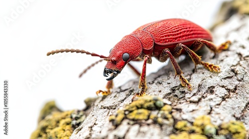 Red Beetle Crawling on Bark with Yellow Lichen