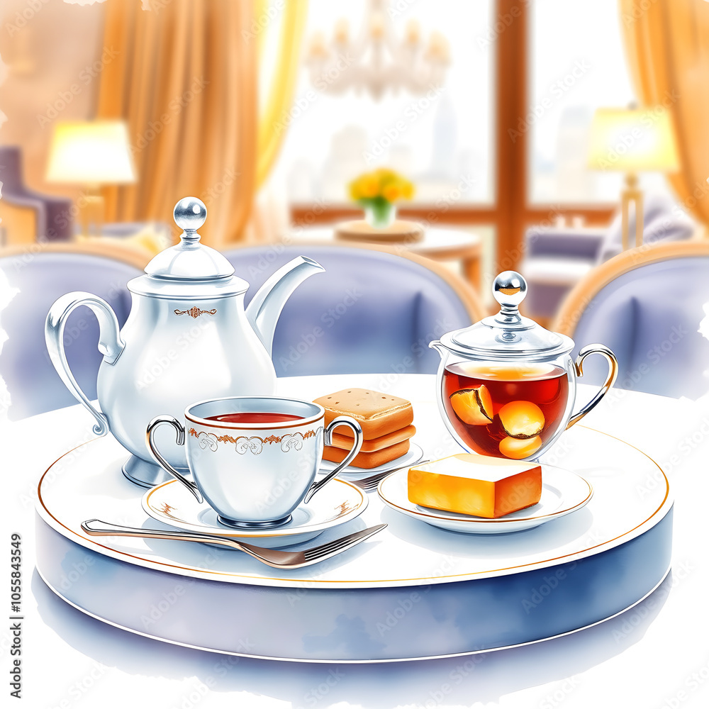 Fototapeta premium Luxury hotel afternoon tea set, watercolor illustration on white background. Generative AI