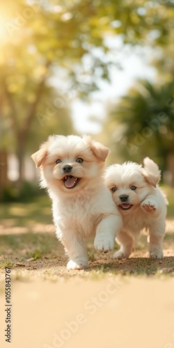 Two fluffy small dogs enjoying a playful romp in the sunshine, happiness, fluffy