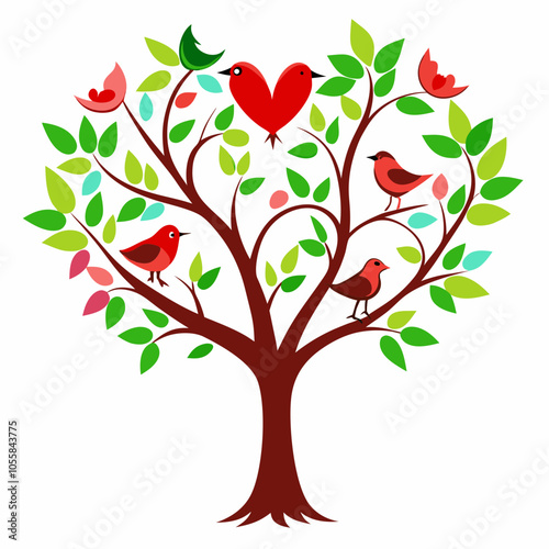 Heart tree and love birds heart tree and couple vector illustration on white background