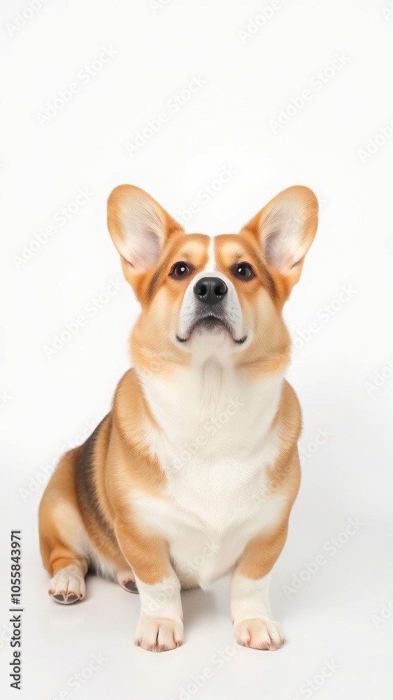 Welsh corgi breed dog sitting elegantly on a clean white background, breed, obedient Welsh corgi breed dog sitting elegantly on a clean white background, breed, obedient