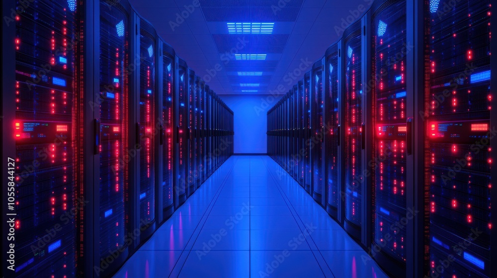 Sleek Data Center with Illuminated Server Racks Sleek Data Center with Illuminated Server Racks