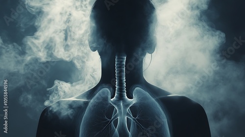 A visual of a smoker inhaling, with the outline of darkened lungs appearing inside their chest photo