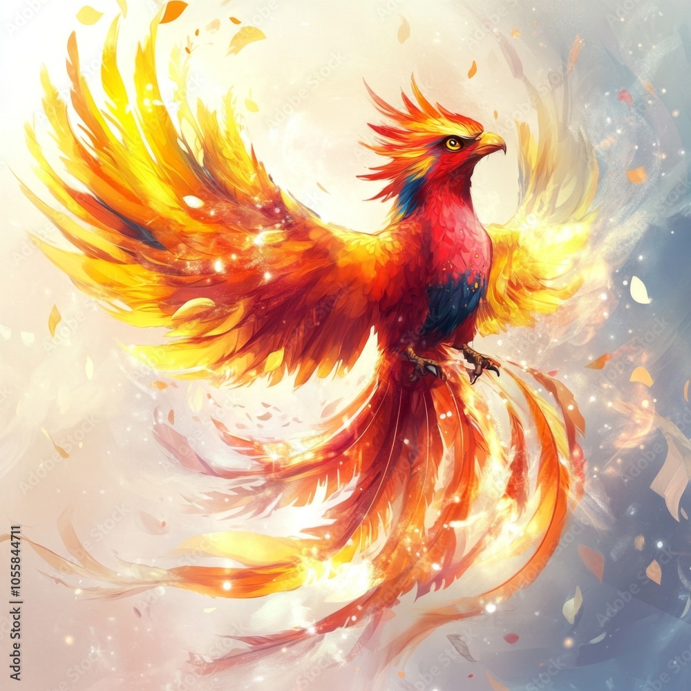 A fiery phoenix in flight with golden and red plumage, its wings spread wide. A fiery phoenix in flight with golden and red plumage, its wings spread wide.