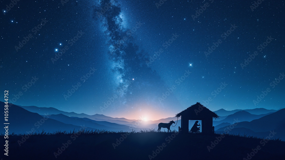 Starry Night Sky Over Bethlehem Manger: Nativity Scene for Religious Publications and Holiday Designs Starry Night Sky Over Bethlehem Manger: Nativity Scene for Religious Publications and Holiday Designs