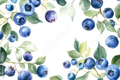 Hand-drawn Watercolor Blueberry Compositions. Ripe Berries and Green Leaves on White Background