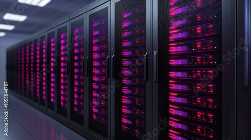 Wide View of Data Server Room with Colorful Lights