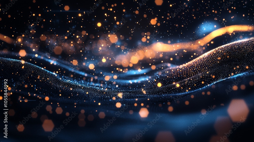 Abstract glowing particles on a wave of data in a dark background