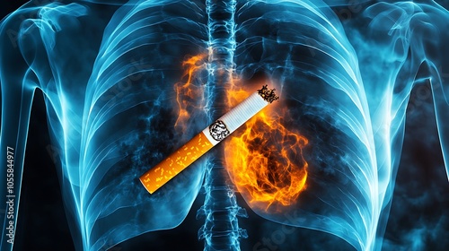 An x-ray image showing damaged lungs with a cigarette filter superimposed on one side