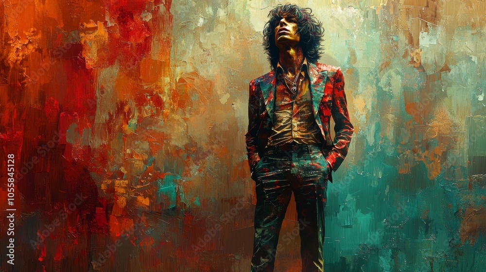 A man in a red suit with a yellow shirt, standing against a textured wall.  His eyes are looking upwards towards a bright light.  The man has a confident and relaxed demeanor.