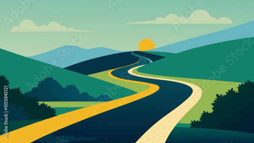 landscape with winding road, mountains and a blue sky. Vector illustration 