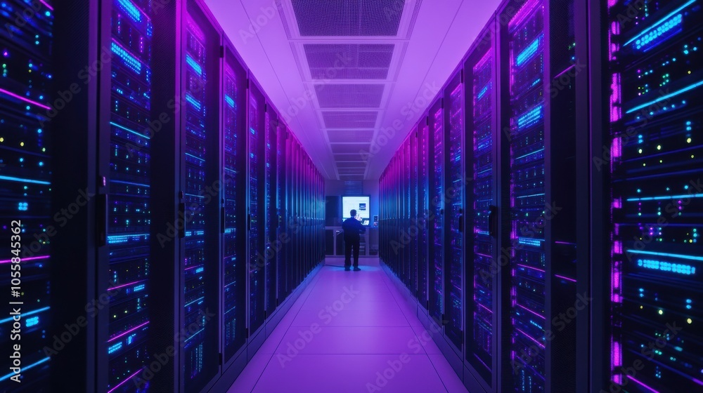 Obraz premium Rows of Servers in a Data Center with Neon Lighting