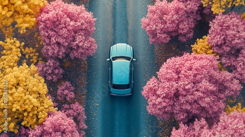Aerial view of a turquoise car driving on a winding road through a vibrant forest, with pink cherry blossoms and golden autumn trees creating a stunning contrast.