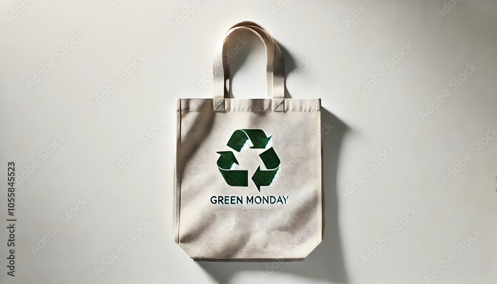 Green Monday recyclable bag, clean top view, copy space, simple design. Green Monday recyclable bag, clean top view, copy space, simple design.