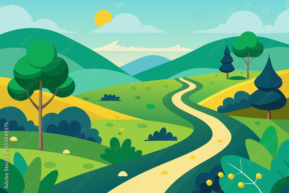 Fototapeta premium Landscape with winding road, hills, and blue sky vector illustration 