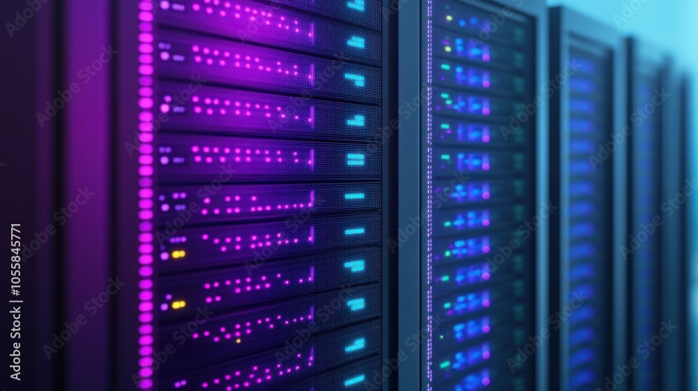 Closeup of Colorful Server Tower with Neon Lights Closeup of Colorful Server Tower with Neon Lights