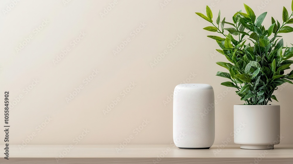 Cozy home office with voice assistant device, modern setup, future of workfromhome technology Cozy home office with voice assistant device, modern setup, future of workfromhome technology