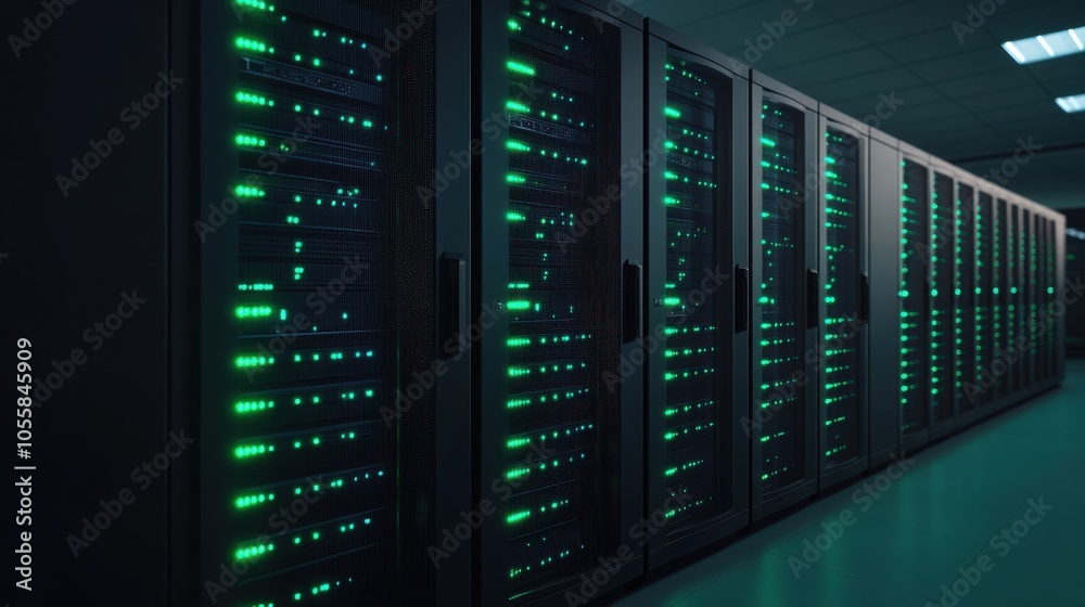 Low Angle Shot of Tall Server Racks with Green Lights Low Angle Shot of Tall Server Racks with Green Lights