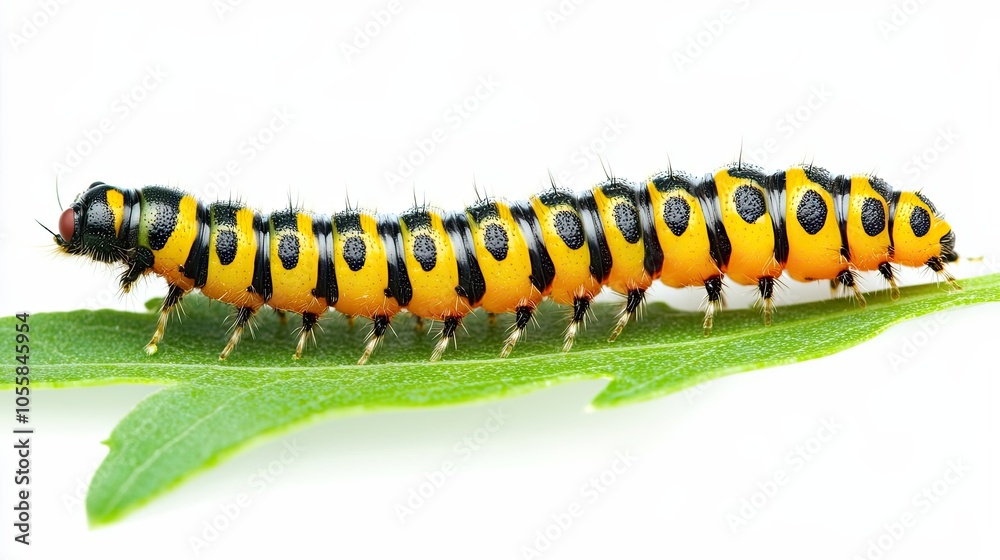 Black and Yellow Caterpillar Crawling on a Green Leaf Black and Yellow Caterpillar Crawling on a Green Leaf