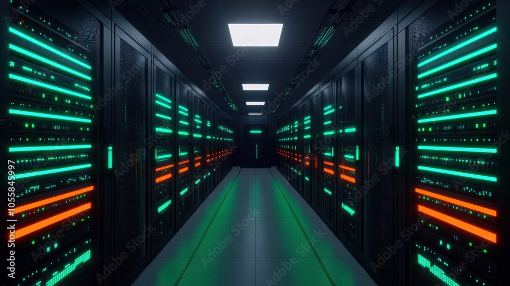 High-Tech Data Center with Colorful Server Racks High-Tech Data Center with Colorful Server Racks